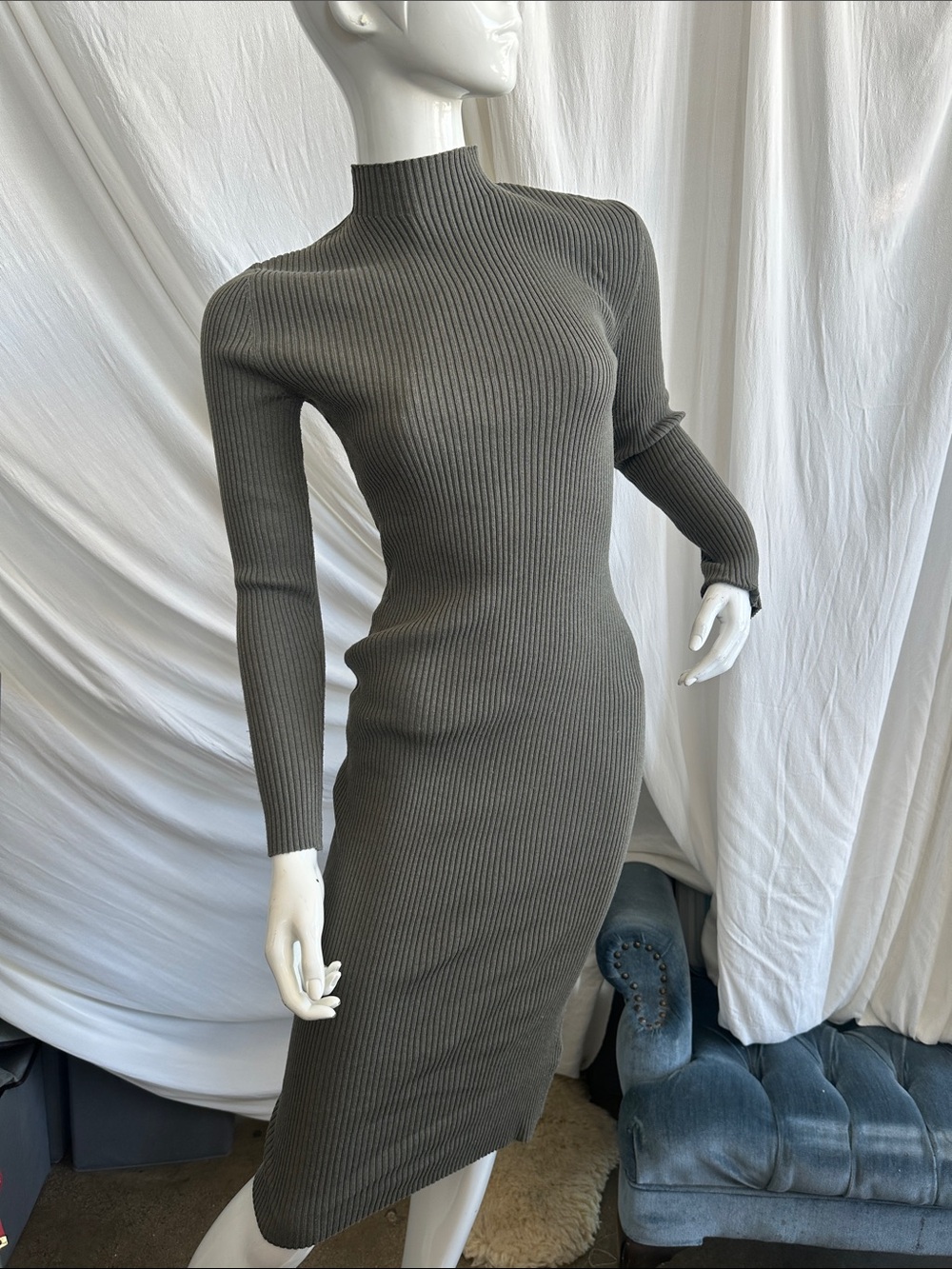 Body hugging Rib knit Moss sage grey Green Midi Dress Upscale Elevated casual